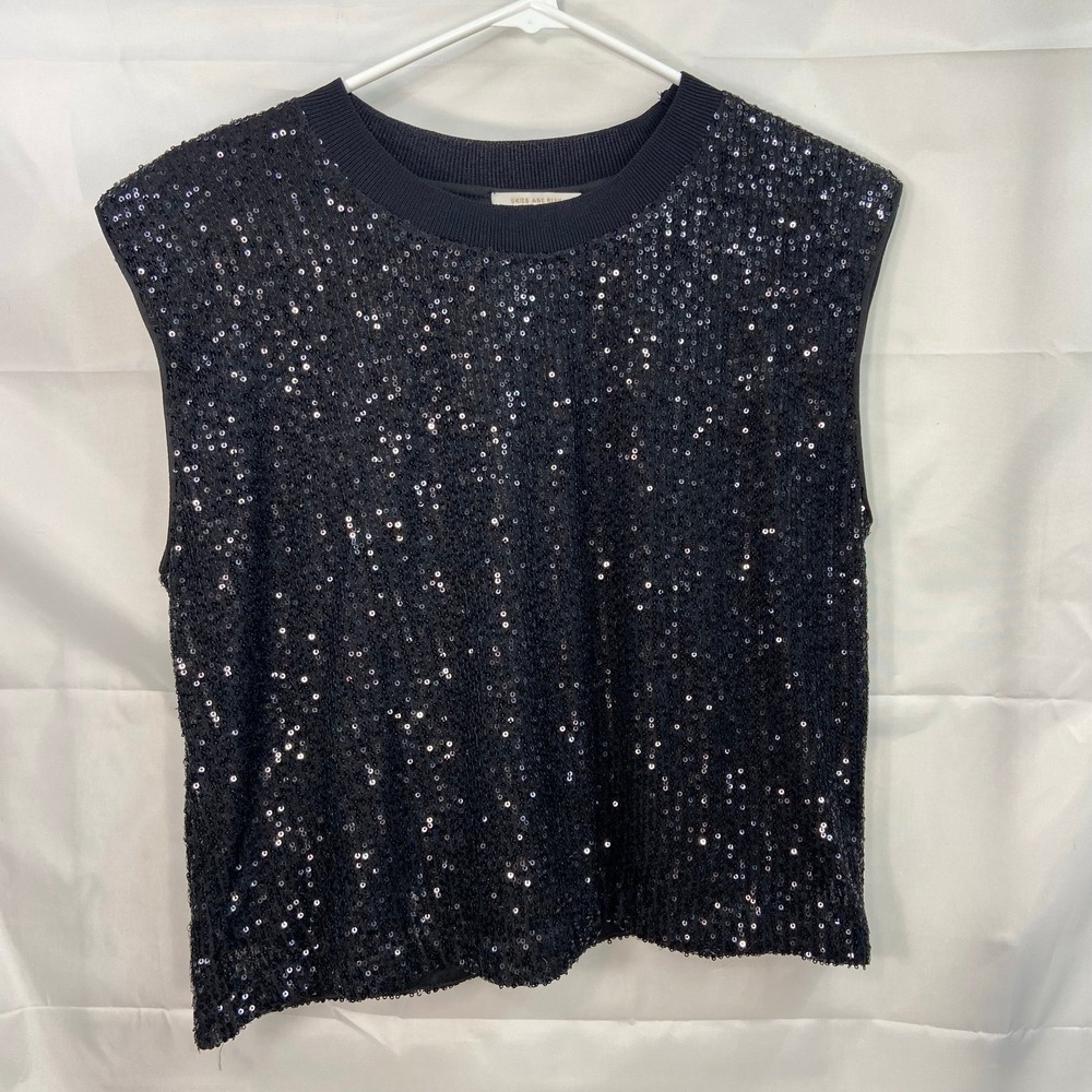 Skies‎ Are Blue women's black sequin striped crewneck sleeveless blouse top M